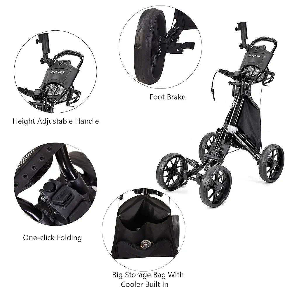 Golf Push Cart 4-Wheels,Folding Golf Cart, Golf Pull cart with Cup Holder,Umbrella Holder,Cooler Bag, Foldable with one-Click,Handle Height Adjustable,Drink Holder,Walking Push cart