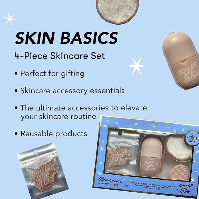Holler & Glow Skin Basics Skincare Accessories, Limited Edition, Cooling Under Eye Masks, Puffiness Reducing Cryo Ice Roller, Reusable Makeup Remover Pad, Exfoliating Face Scrubber, 4 Piece Gift Set