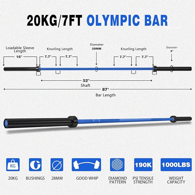 7ft Olympic Barbell for Strength Training and Olympic Weightlifting 500 700 700 1000LBS 1000LBS Capacity 2 Inch