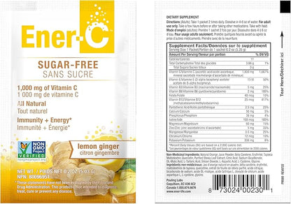 Ener-C Sugar Free Energy Lemon Ginger Multivitamin Drink Mix Vitamin C 1000mg & Electrolytes - Natural Immunity Support with Real Fruit Juice Powders - Non-GMO Vegan & Gluten Free - 60 Count