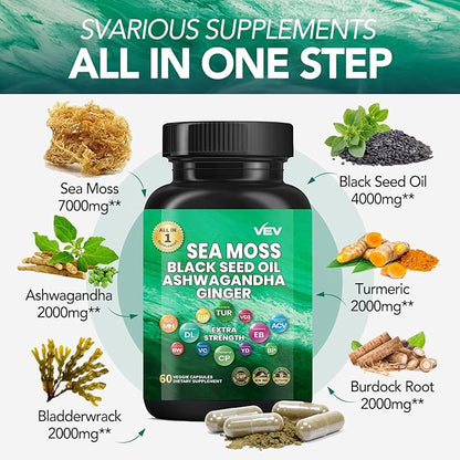 VEV Irish Sea Moss, Ashwagandha, Burdock, Black Seed Oil, Multi Minerals - 60Capsules