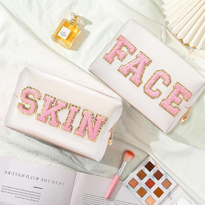 CY2SIDE SKIN Letter Makeup Bag - 2PCS SKIN and FACH Chenille Letter Patch Cosmetic Bag Preppy PU Leather Patch Pouch Waterproof Portable Zipper Travel Organizer Christmas Gifts for Women Girls(Pink)