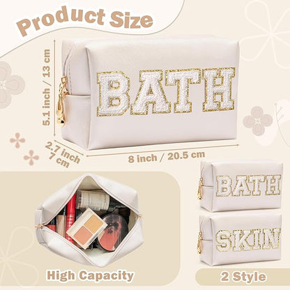 CY2SIDE SKIN Letter Makeup Bag - 2PCS SKIN and BATH Chenille Letter Patch Cosmetic Bag Preppy PU Leather Patch Pouch Waterproof Portable Zipper Travel Organizer Case Christmas Gifts for Women Girls