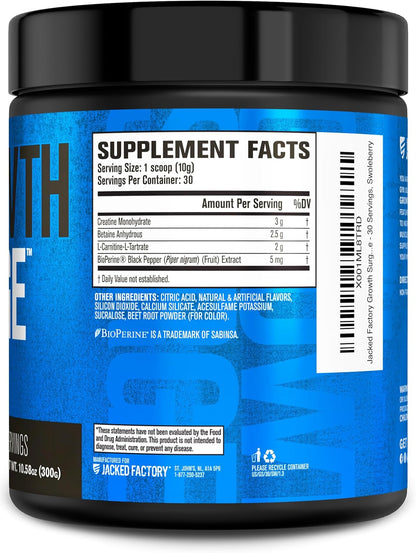 Jacked Factory Growth Surge Creatine Post Workout w/L-Carnitine - Daily Muscle Builder & Recovery Supplement with Creatine Monohydrate, Betaine, L-Carnitine L-Tartrate - 30 Servings, Swoleberry