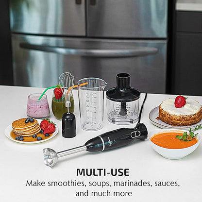 OVENTE Immersion Hand Blender, 300W Electric Handheld Portable Stick Mixer Set with 2 Mixing Speed, Stainless Steel Blades, Egg Whisk Attachment, Mixing Beaker and BPA-Free Food Chopper, Black HS565B