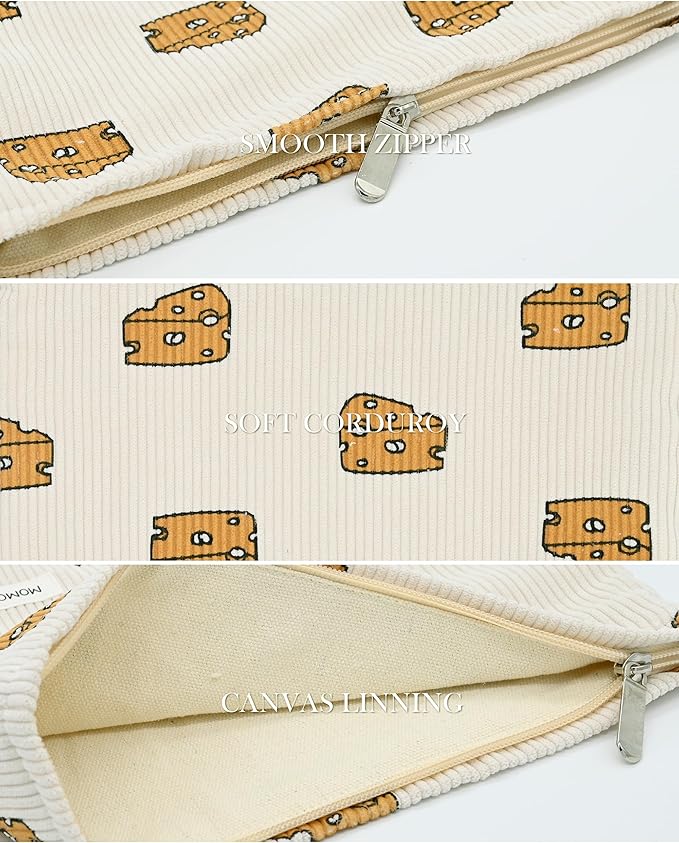 Corduroy Makeup Bag Cosmestic Bag Large Capacity Ladies Women Aesthetic Make Up Organizer Accessories Zipper Pouch Purse （Khaki+Beige Cheese）