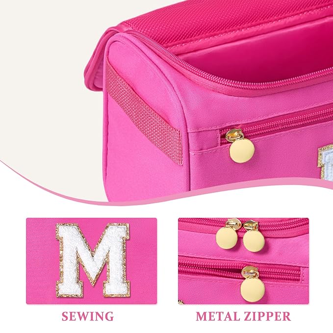 COSHAYSOO Hanging Toiletry Skin Care Bag Travel Size Spa Sleepover Party Supplies Gifts for Teen Girls Cheerleader Cheer Dance Recital Summer Camp Weekend Overnight Essentials Pink Initial Letter M