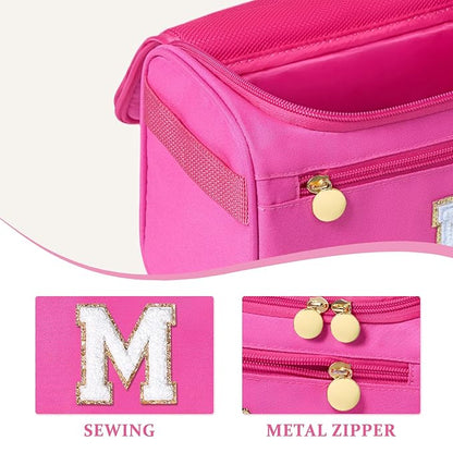 COSHAYSOO Hanging Toiletry Skin Care Bag Travel Size Spa Sleepover Party Supplies Gifts for Teen Girls Cheerleader Cheer Dance Recital Summer Camp Weekend Overnight Essentials Pink Initial Letter M