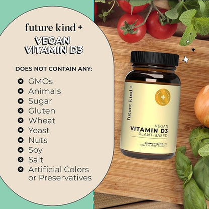 Future Kind Vegan Vitamin D3 (30 Softgels in Glass Bottle) - 2500 IU Plant-Based Vitamin D Supplements for Cell and Immune Support - Sugar-Free, Lichen-Based Vitamin D Supplements for Women & Men