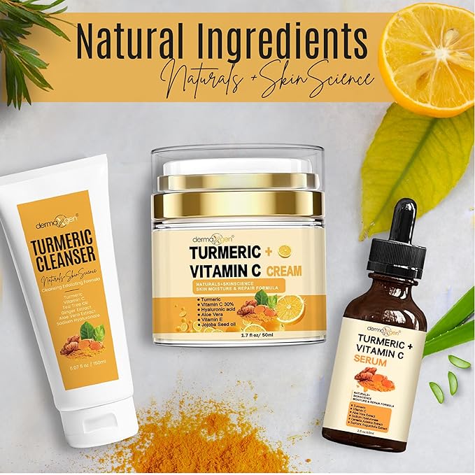 Turmeric Complete Facial Care Kit - Organic Glowing Skin Anti-Aging, Rejuvenating, Boosting Collagen & Hydrating - Day & Night Brightening Skincare Gift Set