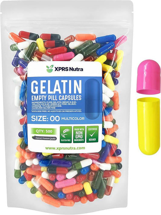 XPRS Nutra Size 00 Empty Capsules - 500 Count Empty Gelatin Capsules - Empty Pill Capsules - DIY Capsule Filling - Fillable Pill Capsules Empty Gel Caps (Multi Color)