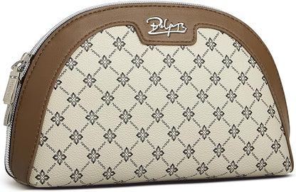 Small Makeup Bag for Purse Cosmetic Bag: Checkered Make up Bag for Women - Cute Preppy Skincare Bags for Evening - Waterproof Travel Pouch for Toiletry Organizer with Mirror & Zipper(011-Light Brown)