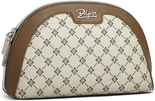 Small Makeup Bag for Purse Cosmetic Bag: Checkered Make up Bag for Women - Cute Preppy Skincare Bags for Evening - Waterproof Travel Pouch for Toiletry Organizer with Mirror & Zipper(011-Light Brown)