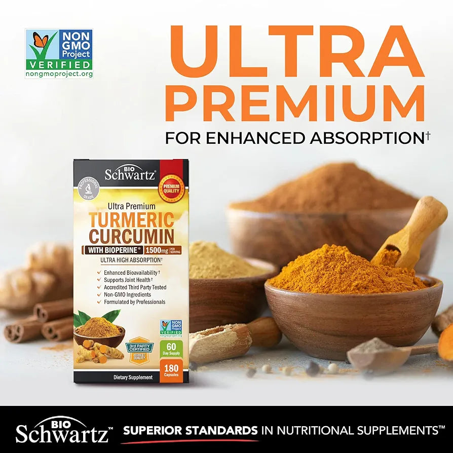 Turmeric Curcumin with Black Pepper Extract 1500mg - High Absorption Ultra Potent Turmeric Supplement with 95% Curcuminoids and BioPerine - Non GMO Tumeric Capsules for Joint Support - 180 Capsules