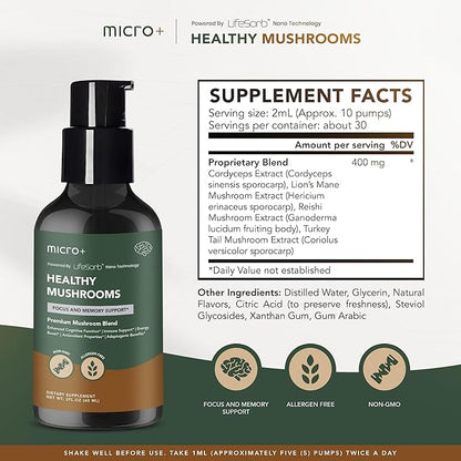 Mushroom+ by Micro+ Nootropic Brain Supplement with LifeSorb – for Focus, Memory, Cognitive Boost