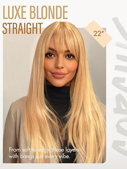 GORGIUS Straight Glueless Wig with Bangs Golden Blonde Layered Hair Ready-to-Go Synthetic Bang Wigs with Realistic Scalp 24 Inch