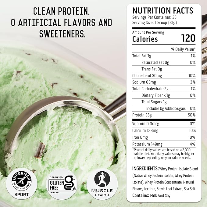 Ascent 100% Whey Protein Powder - Post Workout Whey Protein Isolate, Zero Artificial Flavors & Sweeteners, Gluten Free, 5.5g BCAA, 2.6g Leucine, Essential Amino Acids, Mint Chip 1.7 lb