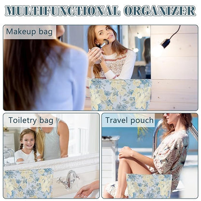 ZLFSRQ Flower Makeup Bag for Women Girls Travel Cute Floral Cosmetic Bags Large Cosmetic Pouch Purse with Zipper Portable Toiletry Bag Aesthetic Embossed Blue Beige Makeup Brushes Storage Organizer