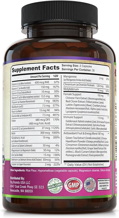 Womens Daily Multivitamin Multimineral Supplement for Energy, Mood, Focus, Hair, Skin & Nails. Made for Women with 30+ Nutrients, Fruit & Energy Blend. Womens Vitamins 60 Capsules