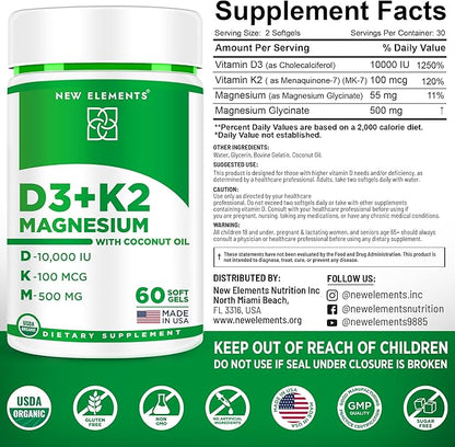 Vitamin D3 K2 10000 IU Organic Softgels for Men and Women with Magnesium Glycinate 500mg | Vitamin D & Magnesium Supplement for Bone Health | Immune Support | Non-GMO | Gluten-Free | Sugar Free