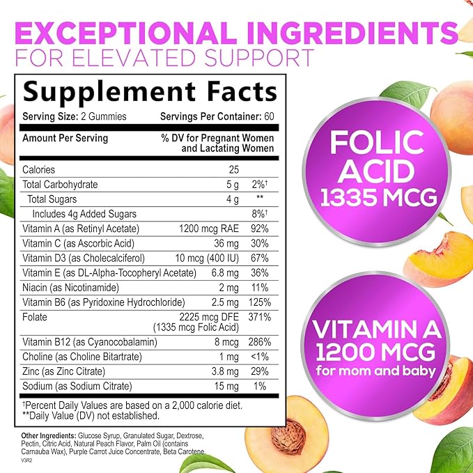 Prenatal Gummy with Folic Acid, Prenatal Vitamins and Minerals for Fetal Support, Vitamin A, C, D3, B12, B6 & Folate, Prenatal Multivitamin for Pregnant & Nursing Women - 120 Gummies, 60 Day Supply