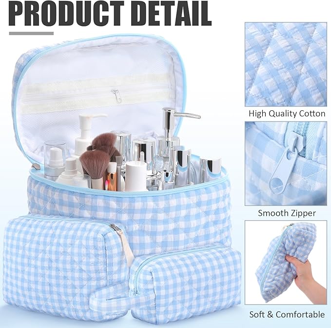 Paterr 3 Pieces Cotton Quilted Makeup Bag Set Coquette Cosmetic Bag Aesthetic Travel Toiletry pouch Cute Pouch Kawaii Aesthetic for Women(Blue,White and Blue Plaid)