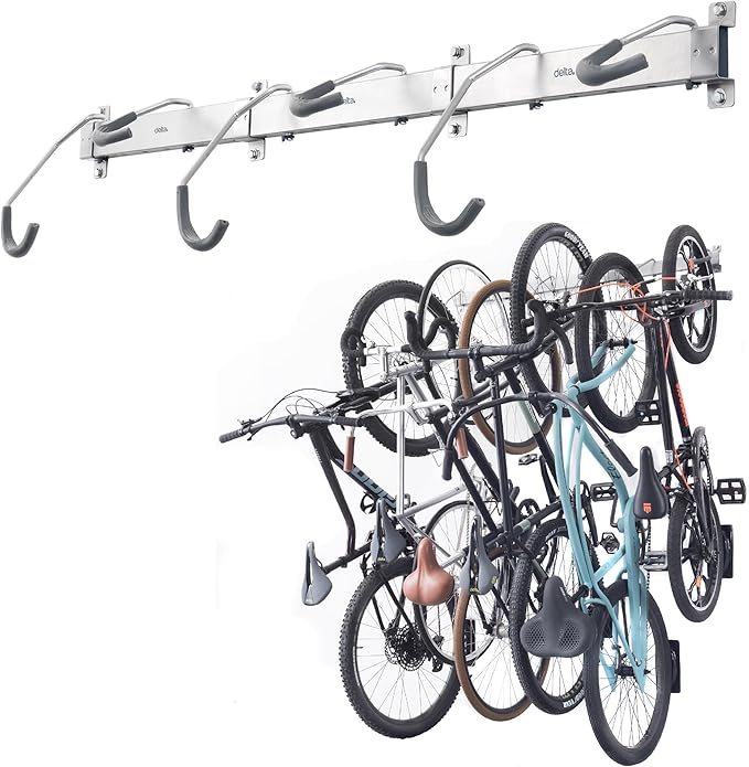 Garage Bike Rack Wall Mount Rail Rack by Delta Cycle - Bike Hangers for Garage - Bike Storage Rack for MTB, Road & Ebike - Holds up to 300 lbs - Fully Adjustable Staggered Hook Design