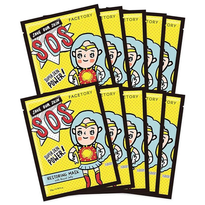 FACETORY K Beauty Face Mask Skin Care - SOS SAVE OUR SKIN RESTORING Sheet Mask with Royal Jelly & Aloe | De-Stress, Calm Inflammation, Dewy Skin (10 Pack)