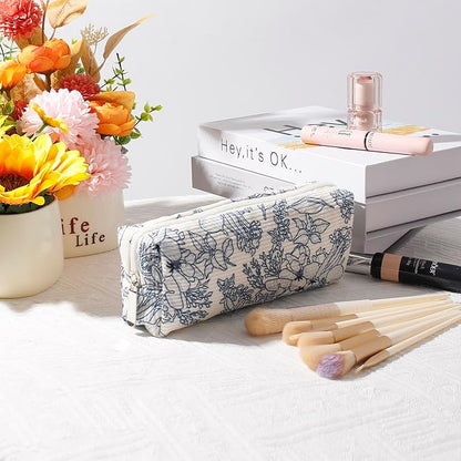 Cosmetic Bag for Women Corduroy Makeup Bag Travel Make Up Organizer Tool Pouch Small Bag for Purse, Zipper Portable Storage Pouch Toiletry Bag for Women (Navy blue flowers)