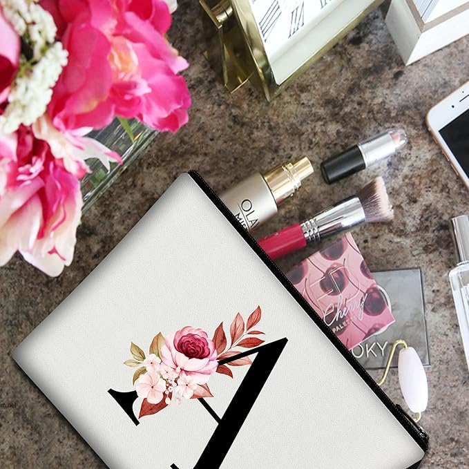Vavabox A-Z Personalized Makeup Bag, Birthday Gifts for Women Mom, Gifts for Best Friend, Bride Bridesmaid Cosmetic bag (A, White)