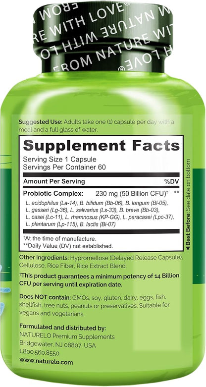 NATURELO Probiotics for Digestive Health - 50 Billion CFU, 11 Strains, Daily Use Supplement - Boosts Immune System, Delayed Release, No-Fridge, 60 Vegetarian Capsules (2 Pack)
