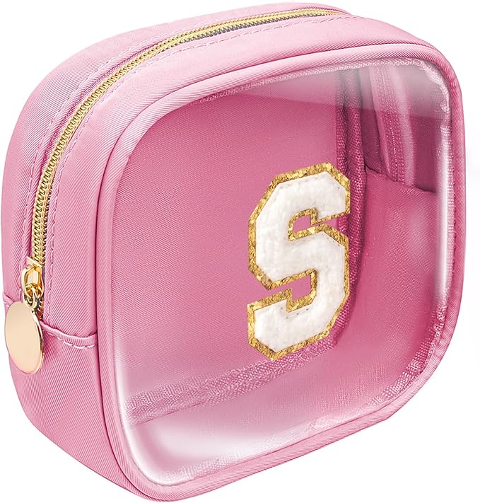 Initial Makeup Bag, Makeup Bag Travel Cosmetic Bag Cute Makeup Bag Personalized Engagement Bridesmaid Best Friend Birthday Gifts for Women Hostess Gifts for Her Friend Female Preppy Stuff (Pink, S)