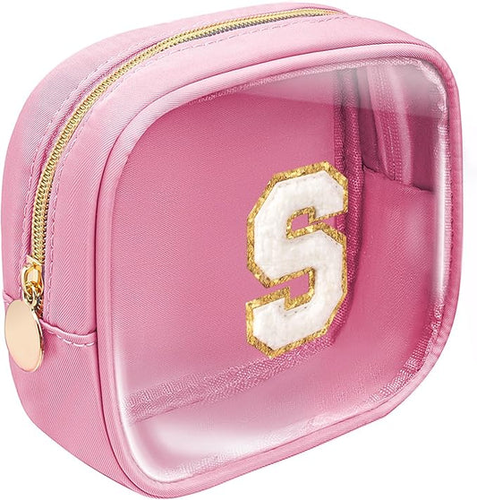 Initial Makeup Bag, Makeup Bag Travel Cosmetic Bag Cute Makeup Bag Personalized Engagement Bridesmaid Best Friend Birthday Gifts for Women Hostess Gifts for Her Friend Female Preppy Stuff (Pink, S)