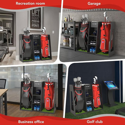 Golf Bag Organizer Storage Rack Stand Holder Fits 2 Extra Large Golf Club Bags and Multiple Golfing Equipment Accessories Great Gifts for Any Skill Level Golfer in Garage Shed Basement Indoor Outdoor