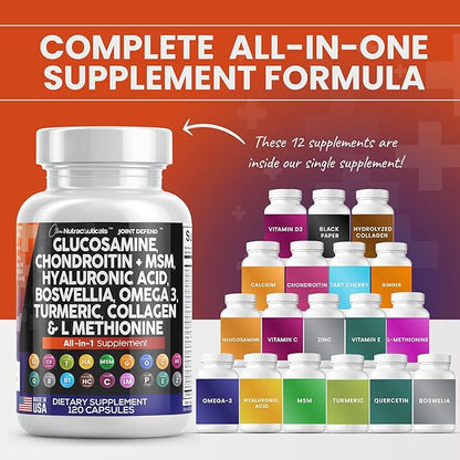 Clean Nutraceuticals Glucosamine Chondroitin MSM Turmeric Hyaluronic Acid Boswellia Collagen Tart Cherry - Joint Support Supplement Omega 3 Pills Ginger Quercetin Capsules - 120 Count USA