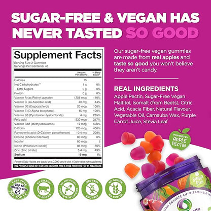 NUTRAMIN Daily Vegan Keto Multivitamin Gummies Non-GMO Natural Vitamin C, D + Zinc for Immunity, Plant-Based, Sugar-Free, Nut-Free, Gluten-Free, Biotin, Vitamin A, B, B6, B12 & More 90 Count, 45 Days