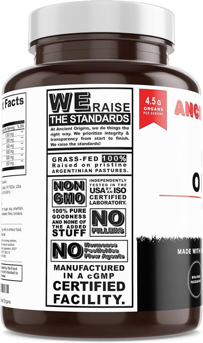 Ancient Origins Grass Fed Beef Organs Supplement 4500mg - Desiccated Liver, Bone Marrow, Heart, Spleen, Pancreas & Kidney, Non-GMO, Gluten Free, Undefatted (180 Capsules, 750mg Each)