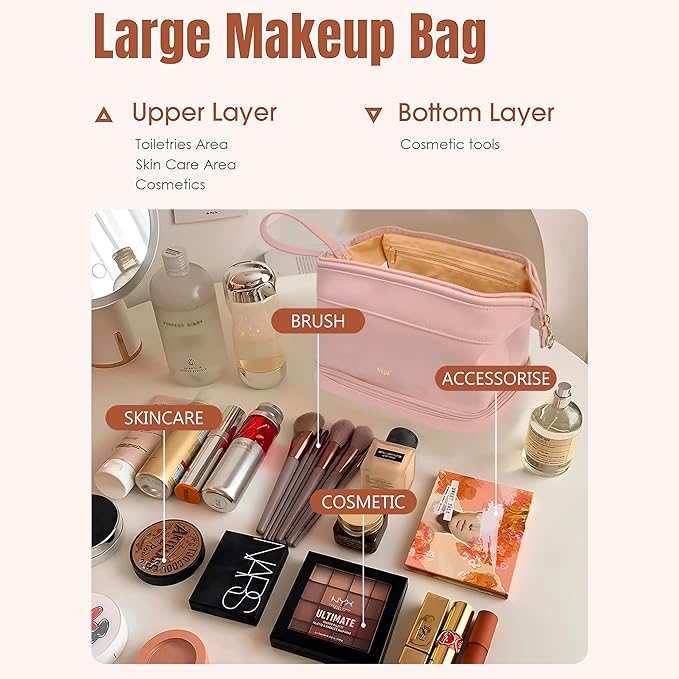 NGIL Faux Leather Cosmetic Bag for Women, Makeup Bag Organizer, Makeup Brush Storage, Portable Travel Bag for Toiletries (Solid, Pink, Medium)