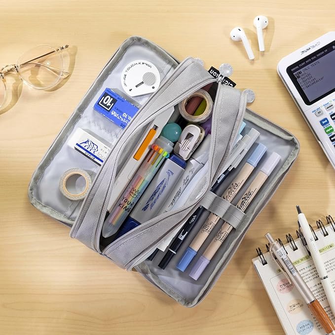 CICIMELON Large Capacity Pencil Case 3 Compartment Pouch Pen Bag for School Teen Girl Boy Men Women (Gray)