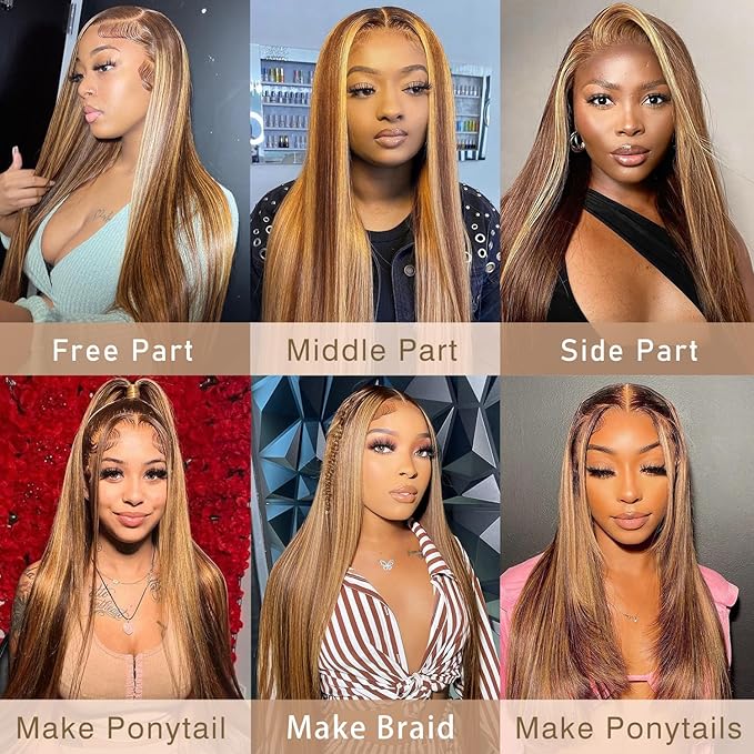FABA Highlight Lace Front Wig Human Hair 32 Inch #4/27 Colored Lace Front Wig 13x4 HD Straight Human Hair 180% Density Ombre Brown with Human Hair Baby Hair