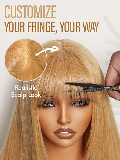 GORGIUS Straight Glueless Wig with Bangs Golden Blonde Layered Hair Ready-to-Go Synthetic Bang Wigs with Realistic Scalp 24 Inch