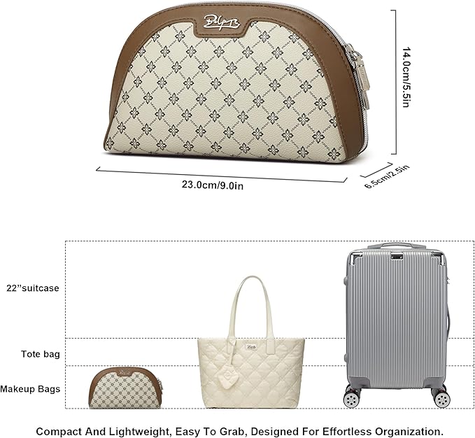 Small Makeup Bag for Purse Cosmetic Bag: Checkered Make up Bag for Women - Cute Preppy Skincare Bags for Evening - Waterproof Travel Pouch for Toiletry Organizer with Mirror & Zipper(011-Light Brown)