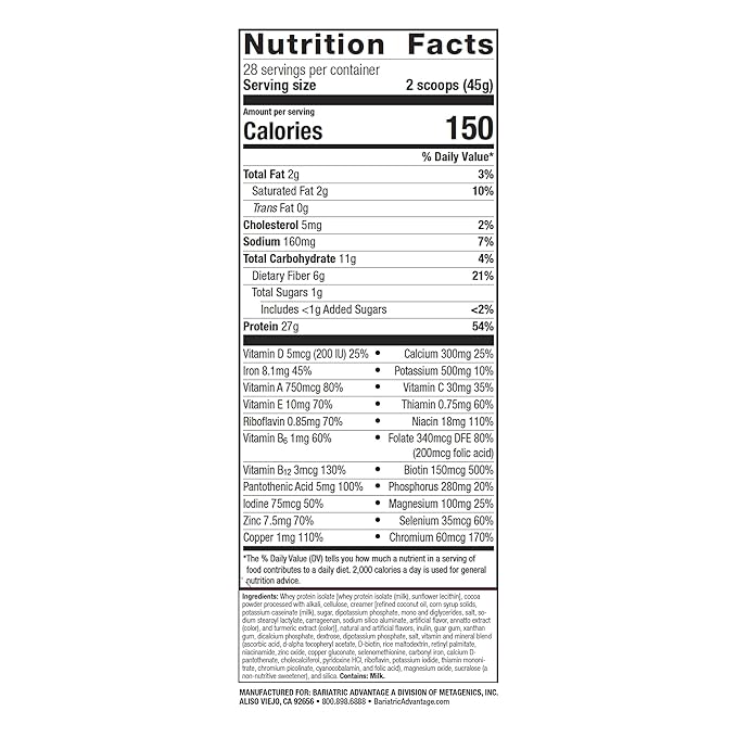 Bariatric Advantage High Protein Meal Replacement Drink Mix, Protein Powder Whey Isolate for Gastric Bypass and Sleeve Gastrectomy Patients, 27g Protein, Lactose Free - Chocolate - 28 Servings