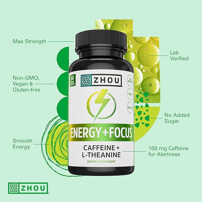 Zhou Natural Caffeine Pills 100mg with L-Theanine 200mg, Nootropic Supplement, Clean Energy, Endurance and MentalFocus, Non-GMO, Vegan, Gluten-Free, 60 Capsules