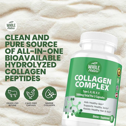 Multi Collagen Protein Peptides Supplement Capsules - 1800mg Collagen Complex Types I, II, III, V, X - Joint Support, Healthy Hair, Skin, Nails, Beauty Vitamins, 100% Natural, Non-GMO 270ct (3)