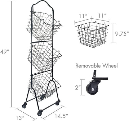 Mikasa Gourmet Basics Rio 3-Tier Rolling Storage Cart for Fruits and Vegetables, 47.75-Inch Metal Stand, Removable Baskets with Wheels, Multi-Tier Produce Organizer - Ideal for Kitchen & Pantry