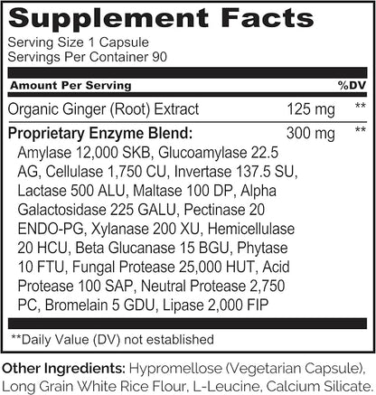NATURELO Digestive Enzymes - Full Spectrum Support with a Broad Blend of 15 Enzymes Plus Ginger - 180 Vegan Capsules