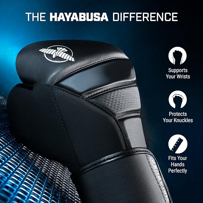 Hayabusa T3 Boxing Gloves for Men and Women Wrist and Knuckle Protection, Dual-X Hook and Loop Closure, Splinted Wrist Support, 5 Layer Foam Knuckle Padding