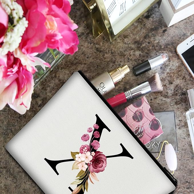Vavabox A-Z Personalized Makeup Bag, Birthday Gifts for Women Mom, Gifts for Best Friend, Bride Bridesmaid Cosmetic bag (X, White)