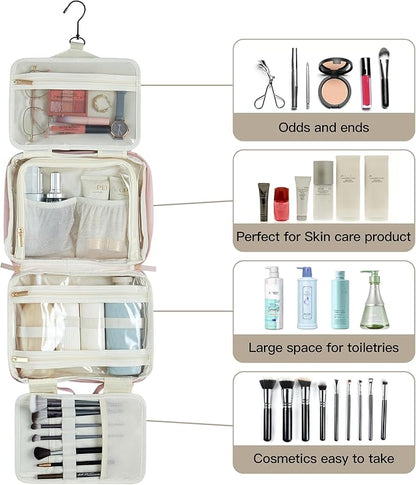 Toiletry Bag, Travel Bag for Women & Men, Portable Cosmetic Bag with Hanging Hook, Durable, Waterproof for Shampoo, Makeup, Essentials, Toiletries Acessories (Pink)